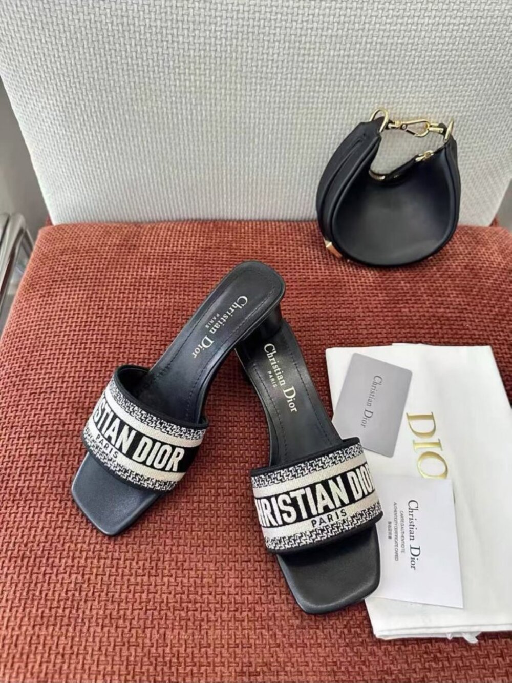 Christian Dior Women’s Textile Webbing Block Heel Open‑Toe Mule Sandals